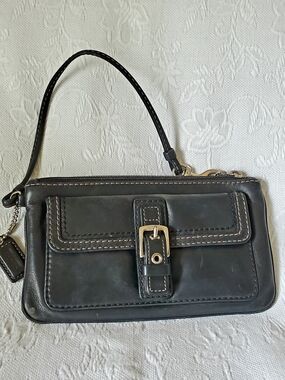 Coach Black Leather Wristlet Clutch with Buckle Detail